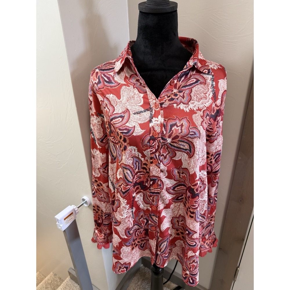 Chico's Modern Dash Floral Ginger Rose Pleated Pintuck Button Blouse Top 3/US 16